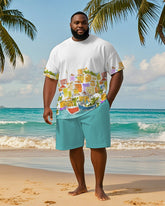 Big & Tall Men's Hawaiian Color Graffiti House Printed Crewneck Short Sleeve T-Shirt Shorts Suit
